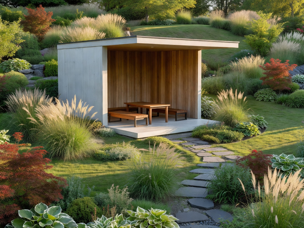 Contextual photograph of a small garden pavilion with a sheltered seating platform