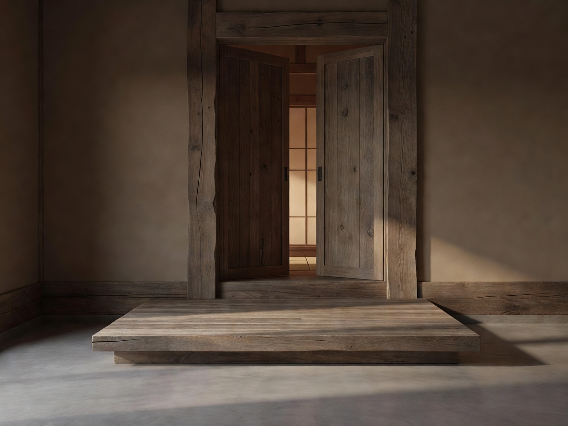 Conceptual timber threshold with an offset opening and raised floor under soft light