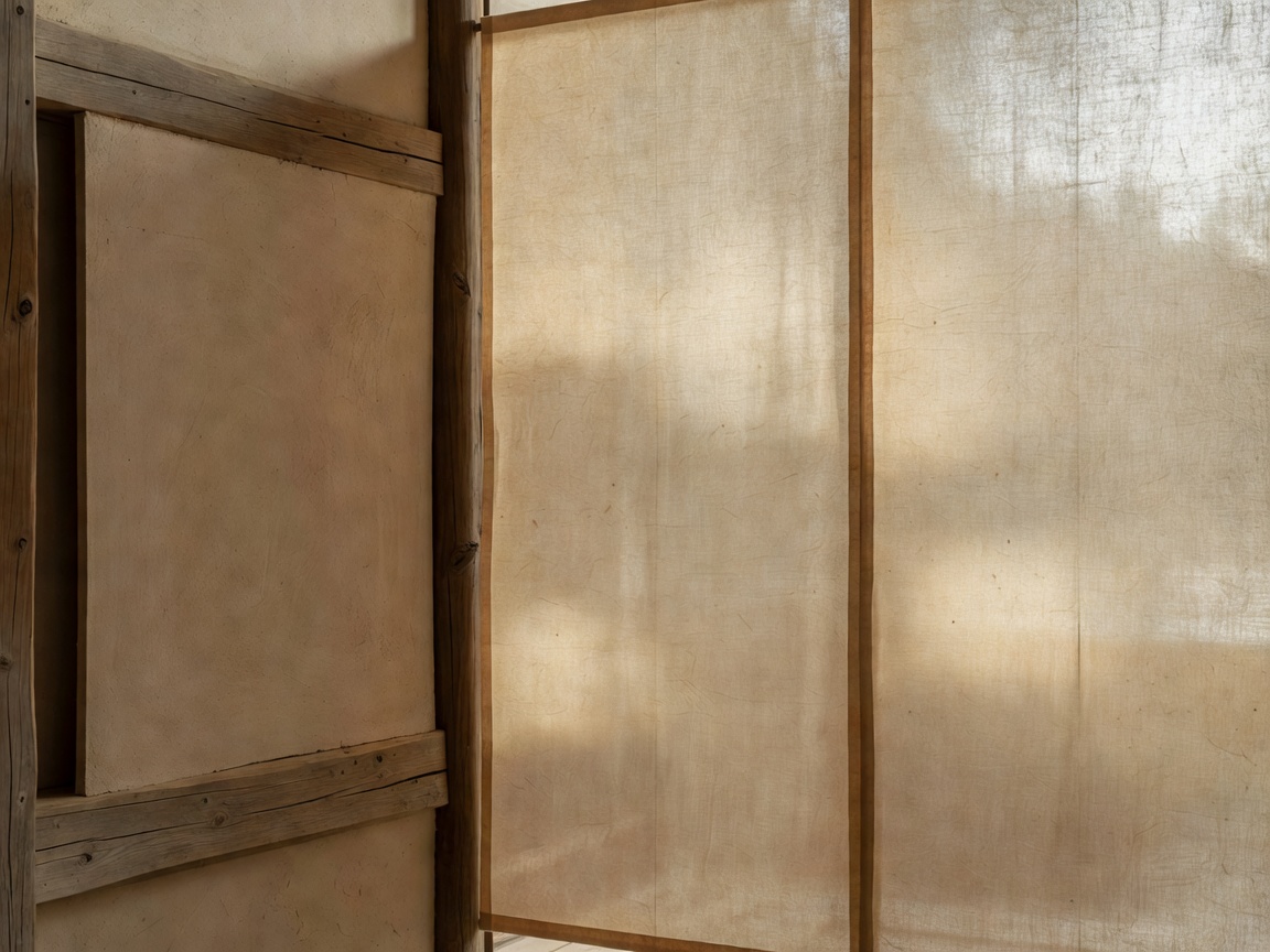 Conceptual wall fragment with translucent screens, textured plaster and timber under raking light