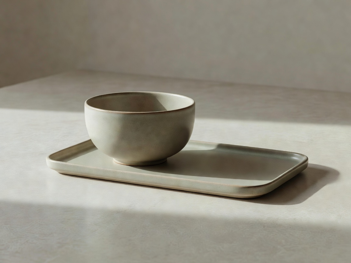 Conceptual rendering of a ceramic bowl and tray under a soft side light